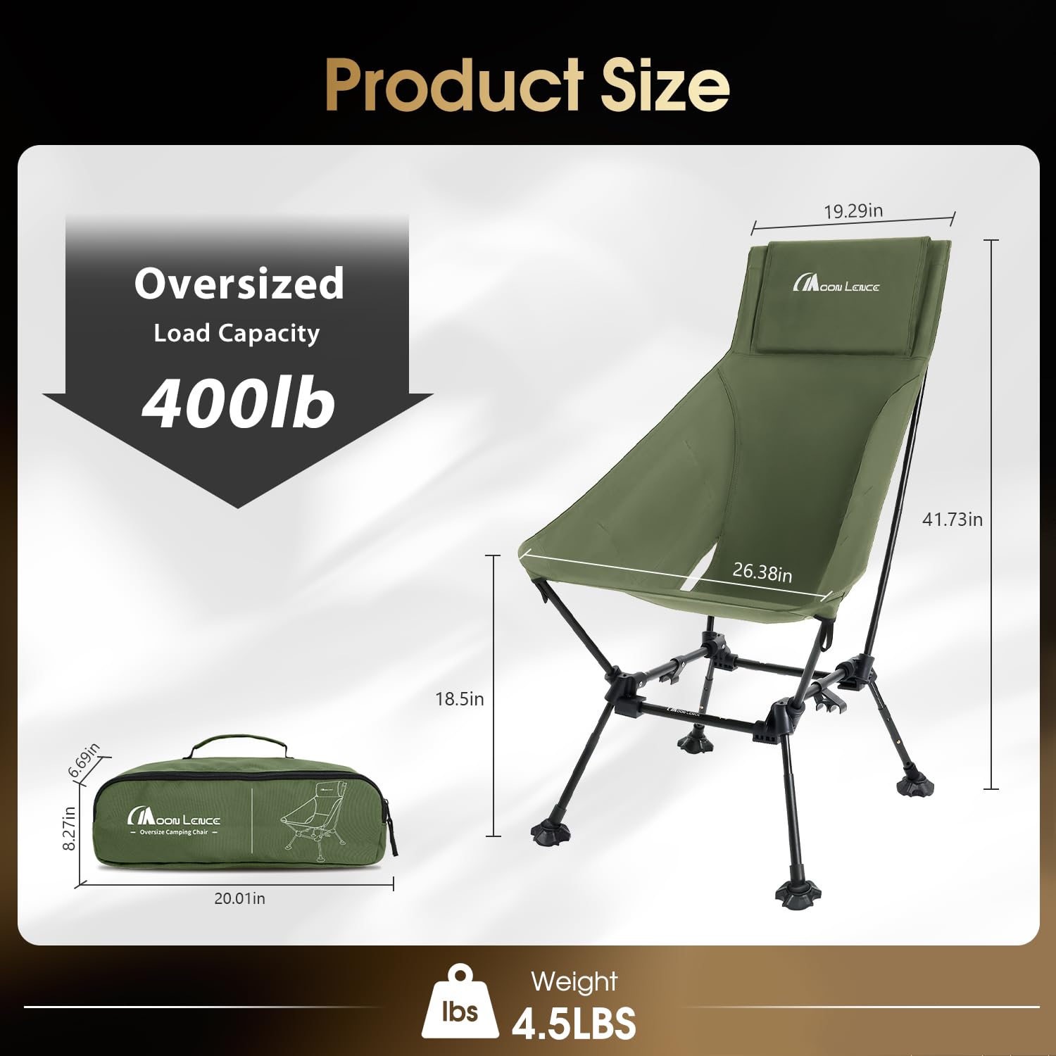 MOON LENCE chair shows 7075 aluminum frame supporting up to 400 lbs