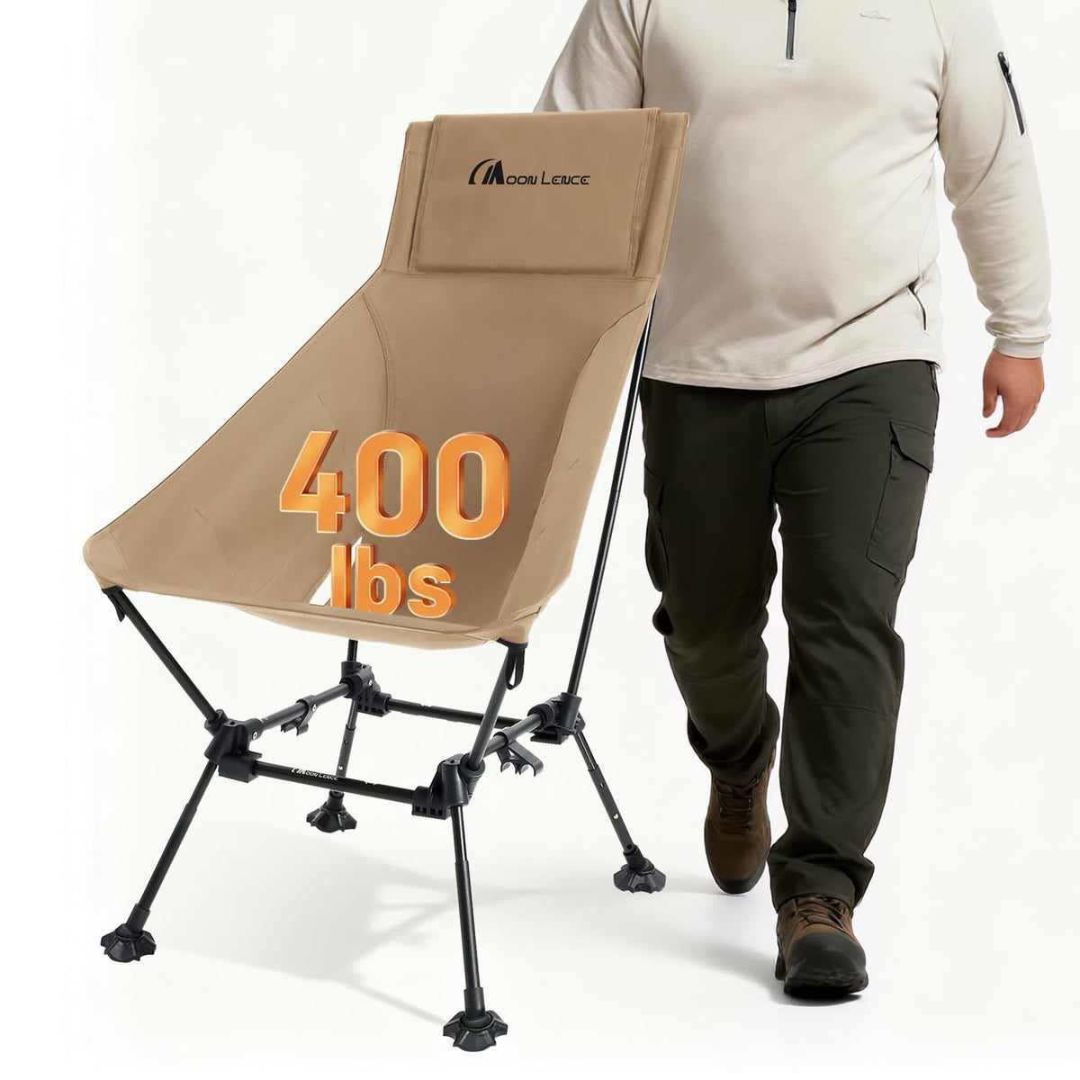 Moon Lence oversized camping chair front view showing wide seat for comfort outdoors