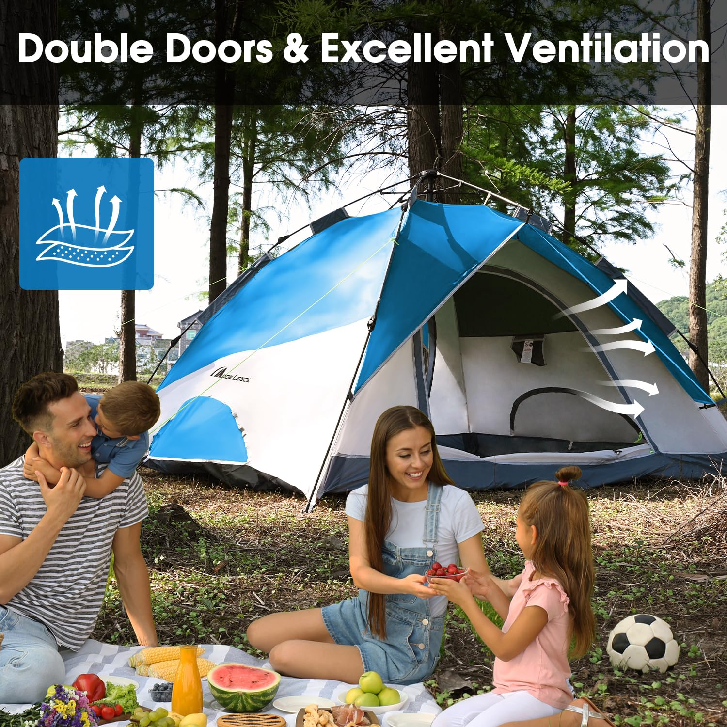 MOON LENCE instant pop-up tent interior spacious, fitting 3-4 campers comfortably.