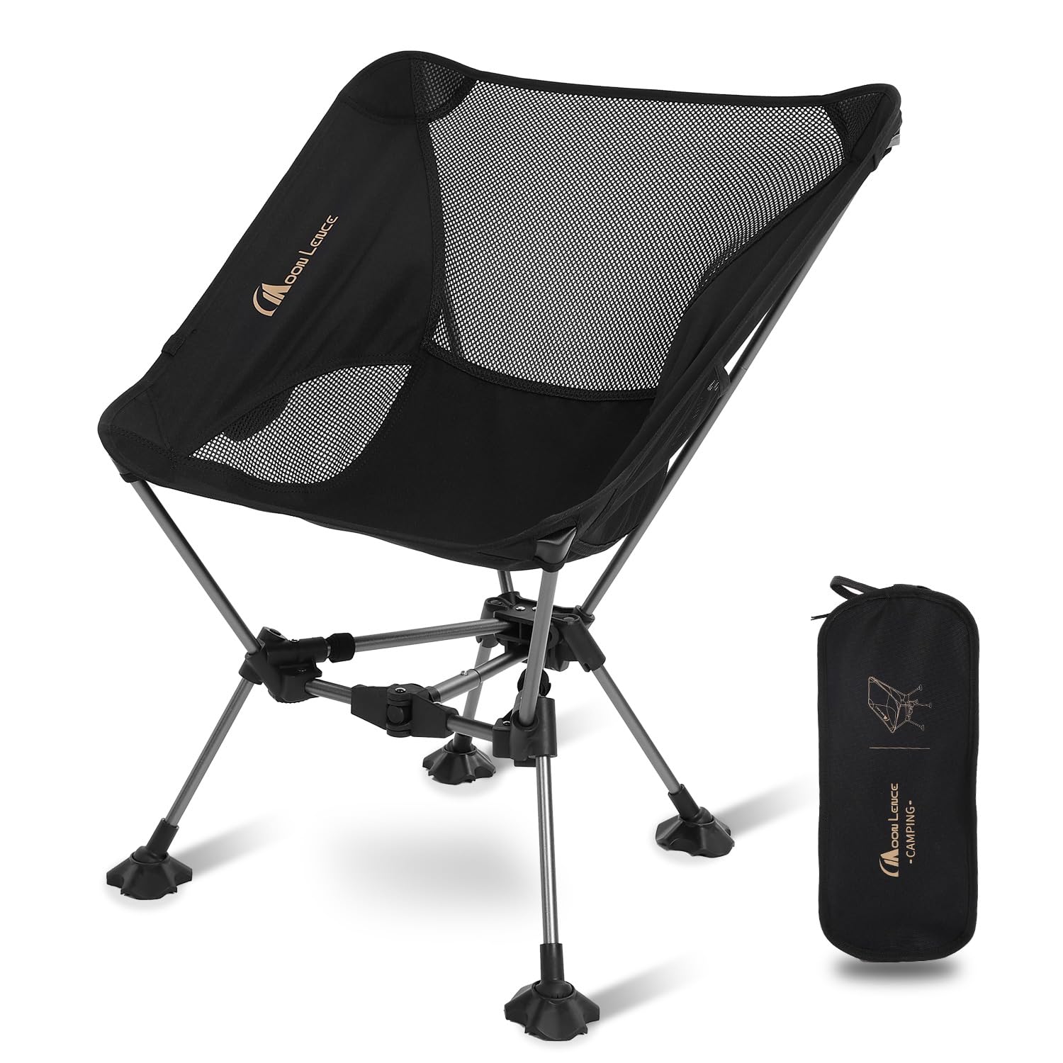 Moon Lence portable camping chair front view with roomy seat for comfort.