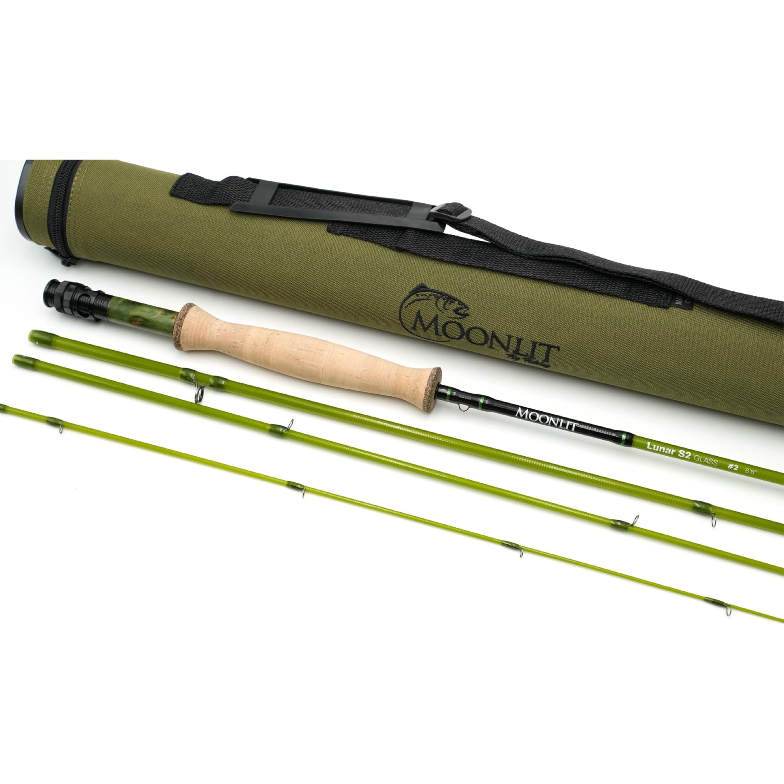Moonlit 2wt Lunar S2-Glass rod, assembled, versatile all-day fishing sessions.