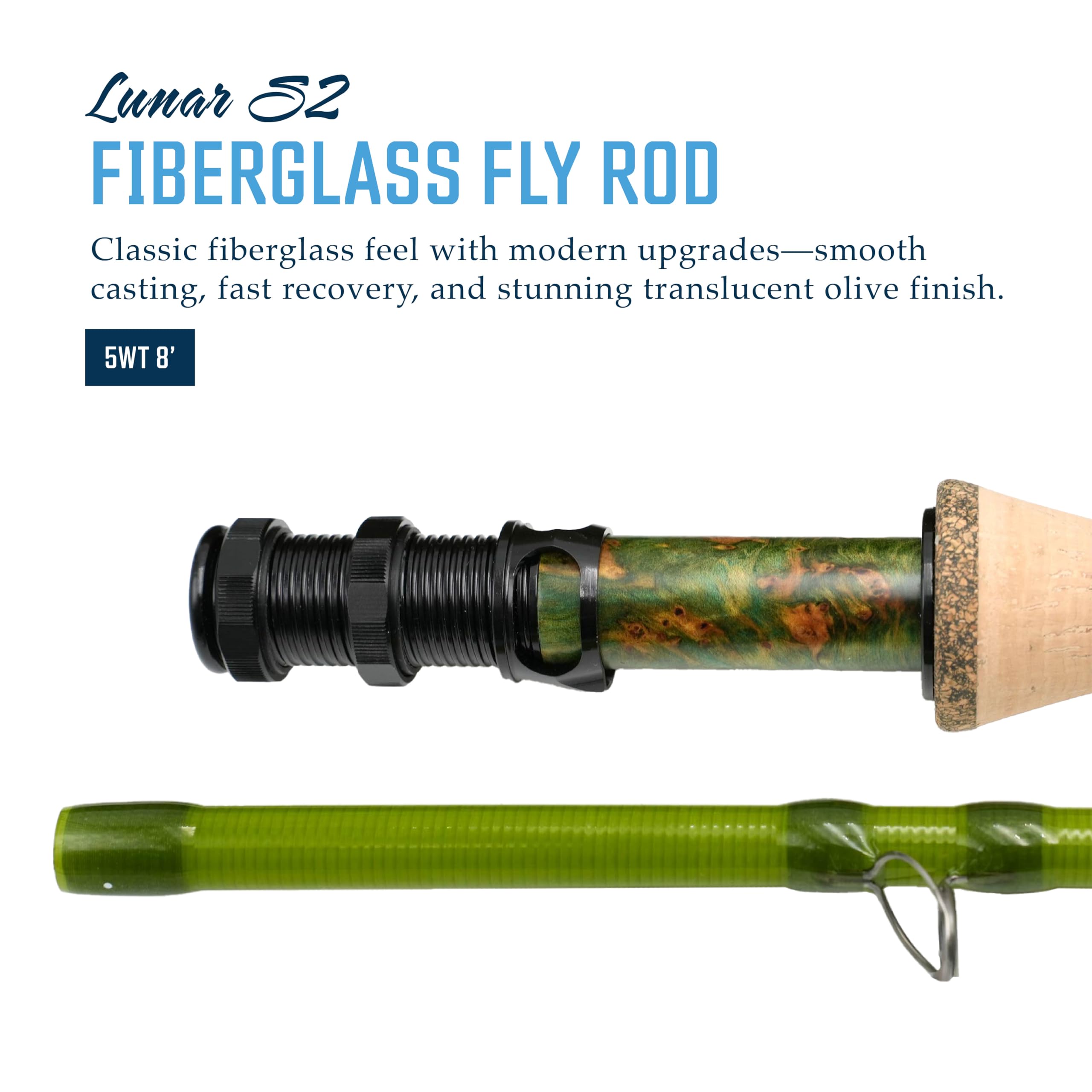 Moonlit Lunar S2-Glass 5wt close-up on reel seat highlighting premium craftsmanship.