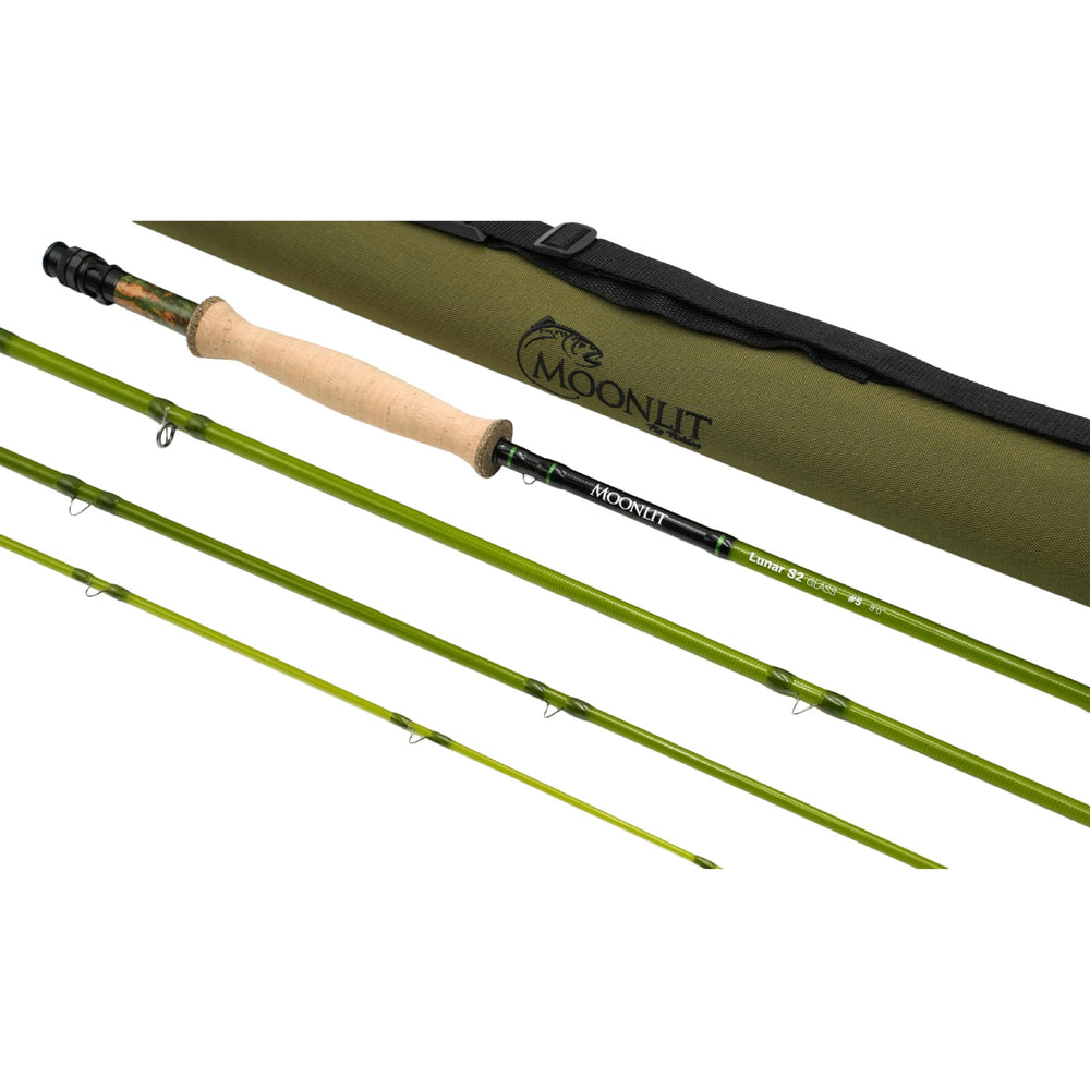 Moonlit 5wt Lunar S2-Glass rod assembled in olive finish for smooth action.