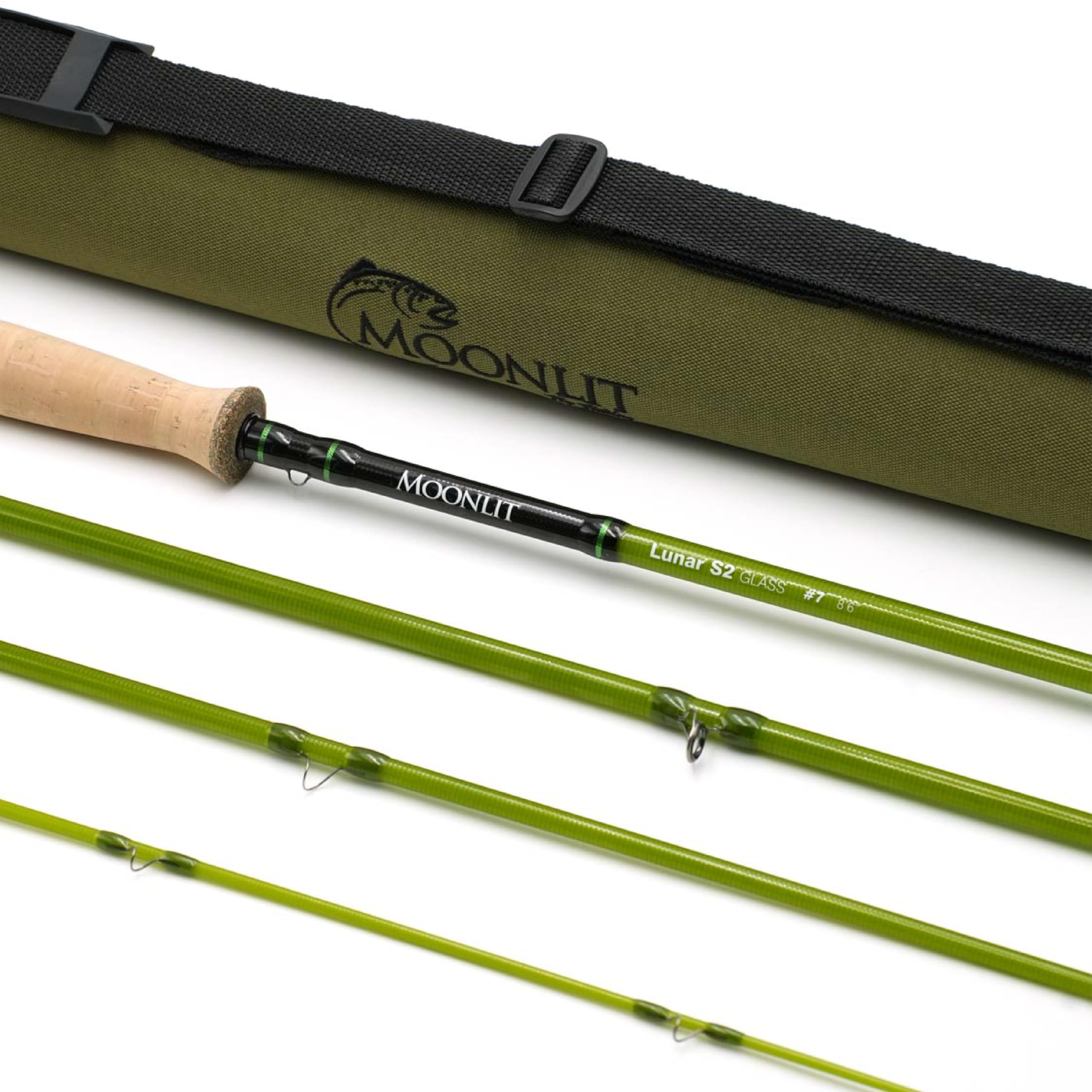 Moonlit Fly Fishing 7wt Lunar S2 Glass Rod olive line in flight