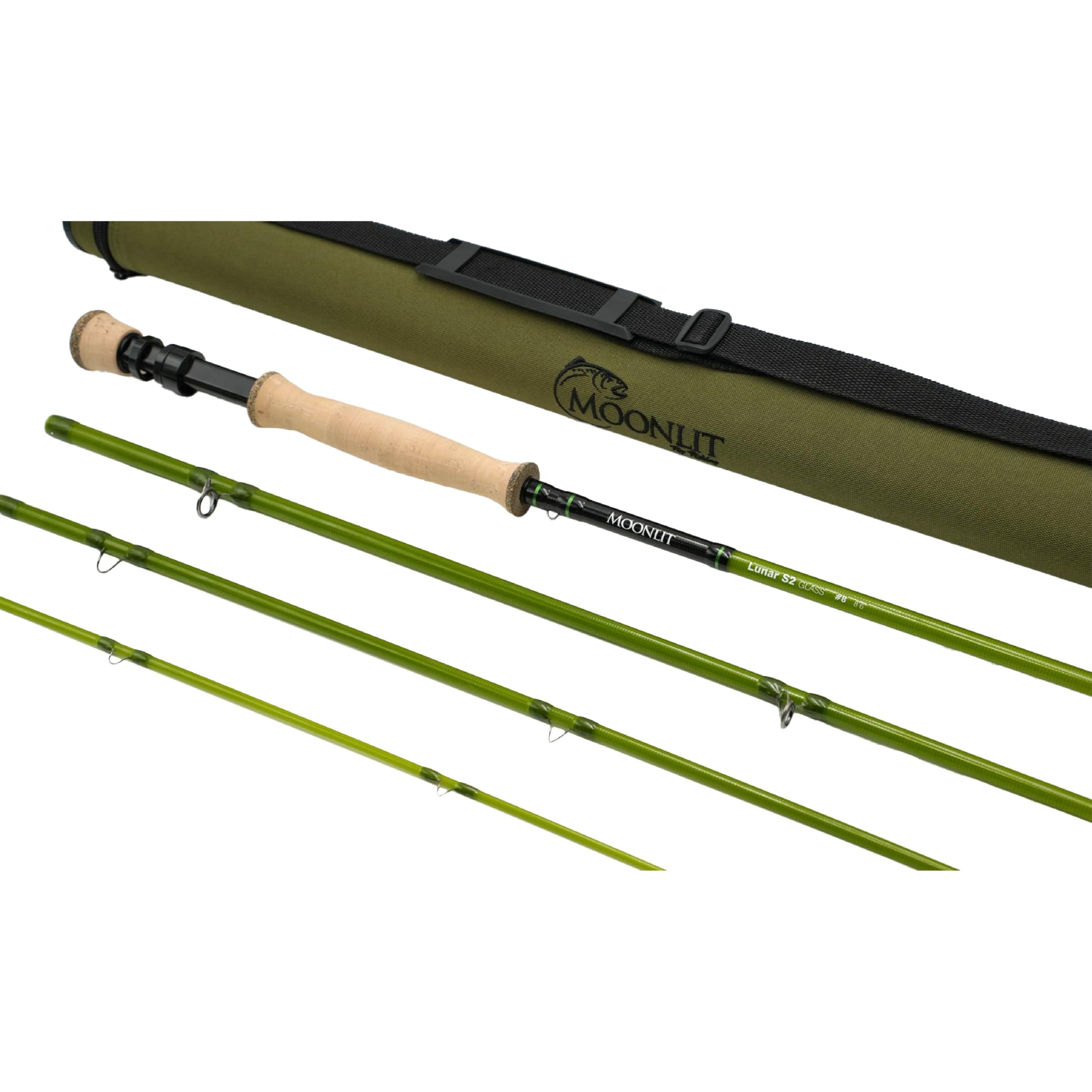 Moonlit Fly Fishing 8wt Lunar S2-Glass rod extended view highlights length and balance.