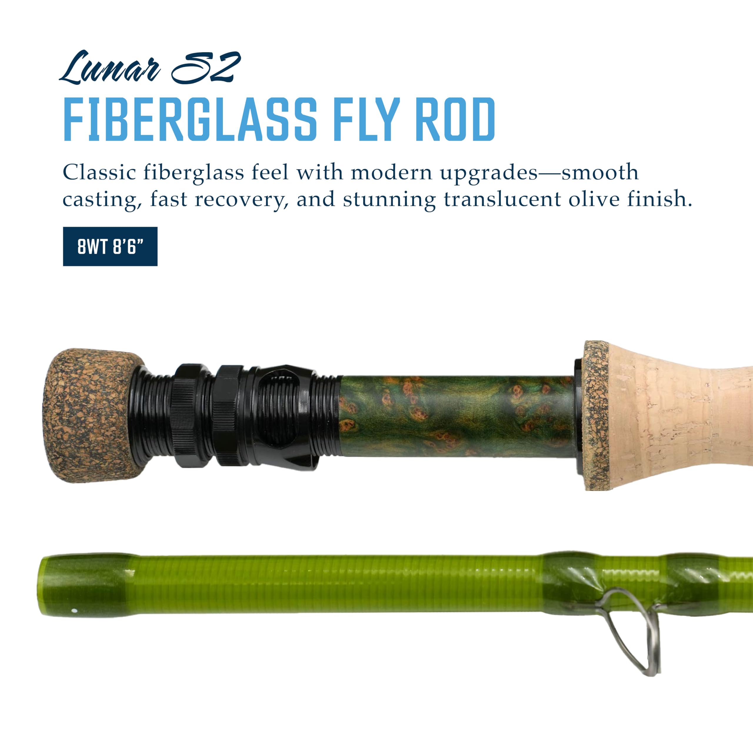 Moonlit Fly Fishing 8wt Lunar S2-Glass rod olive finish closeup shows grip and finish.