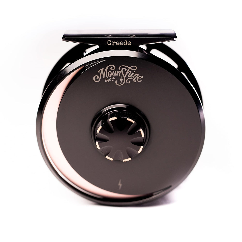 Moonshine Creede 5/6 Copper fly reel front view with large arbor