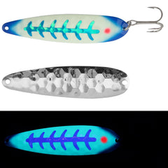 Moonshine Lures Moonshine Mag Blue Jeans 5in glow enhances visibility in low light.