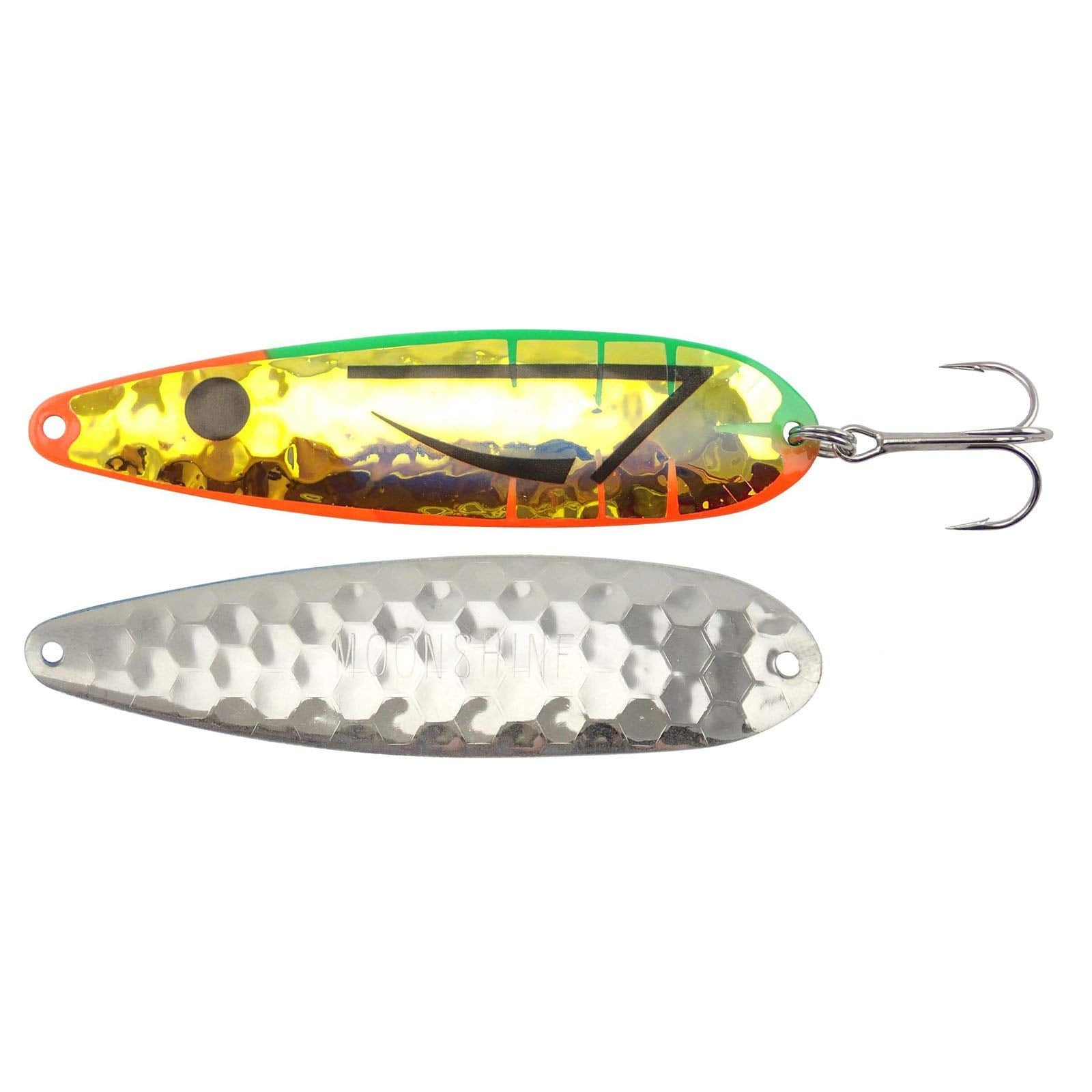 Moonshine Magnum Trolling Spoon in Atomic Melon color (five-inch glow lure)