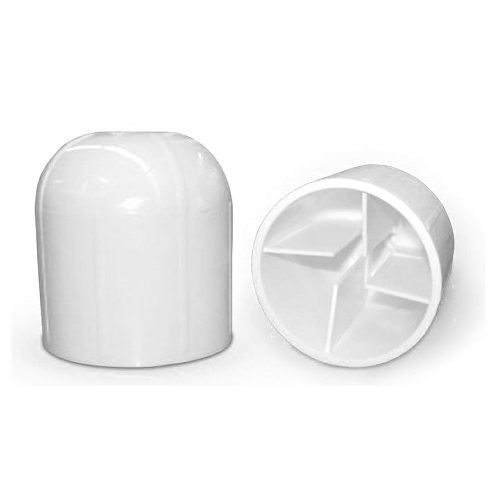 Moose Supply plastic tent stake cap, white, top view, protects guests from tripping