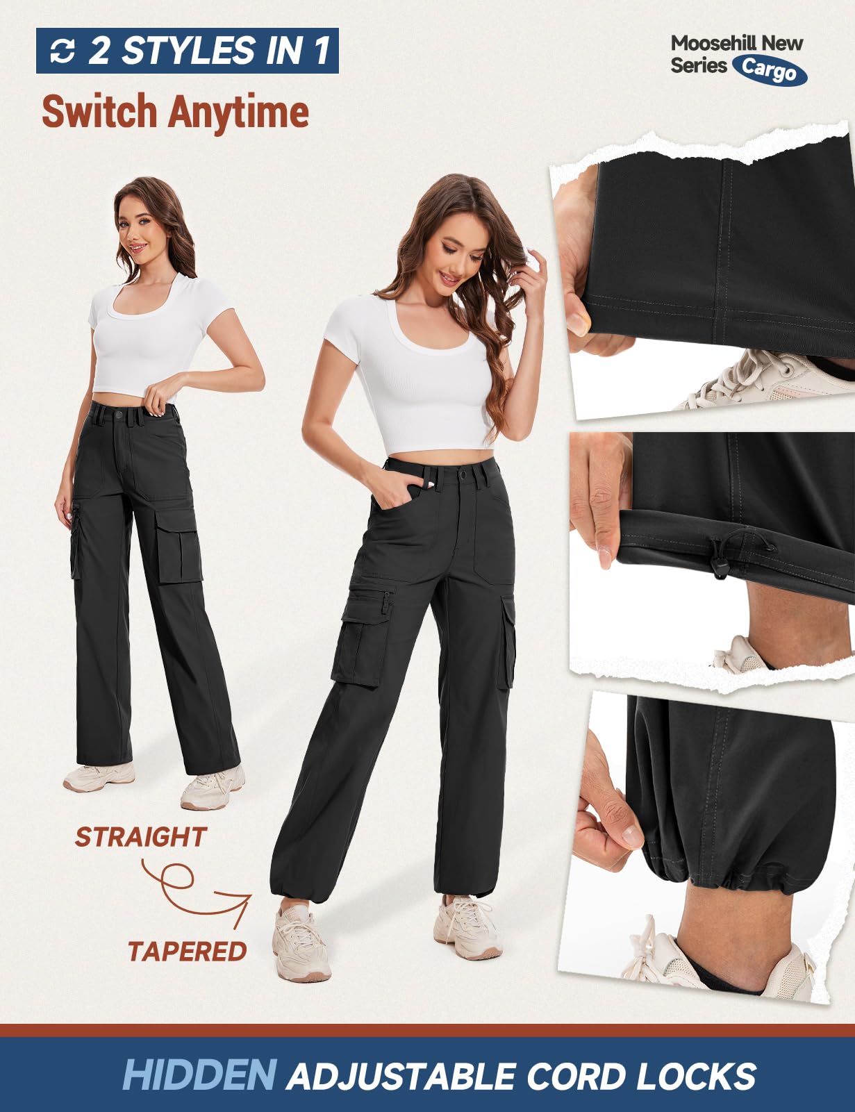 Moosehill cargo hiking pants high-waist style providing secure fit for active wear.
