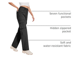 Moosehill cargo hiking pants women adjustable-cord close-up demonstrating 2-in-1 style options.