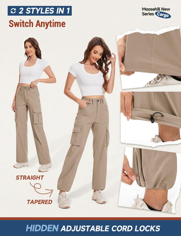 Moosehill cargo hiking pants hidden cord locks enable two-styles-in-one customization.