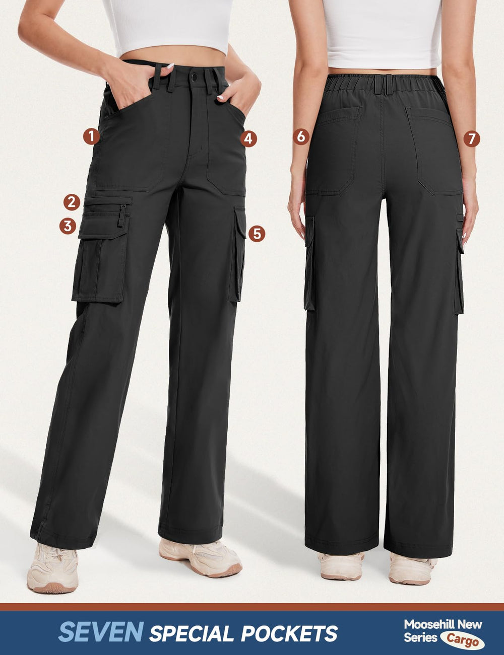 Moosehill cargo hiking pants women pocket close-up highlighting seven pockets for essentials.
