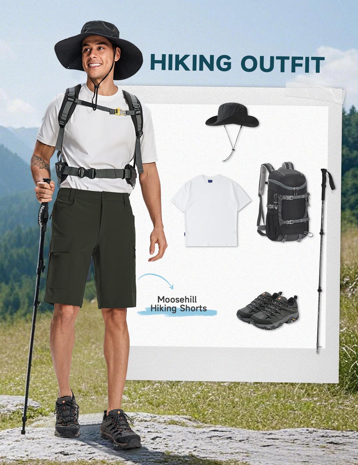 Moosehill mens cargo shorts golf fishing setup image suggests ready for outdoors and casual work.