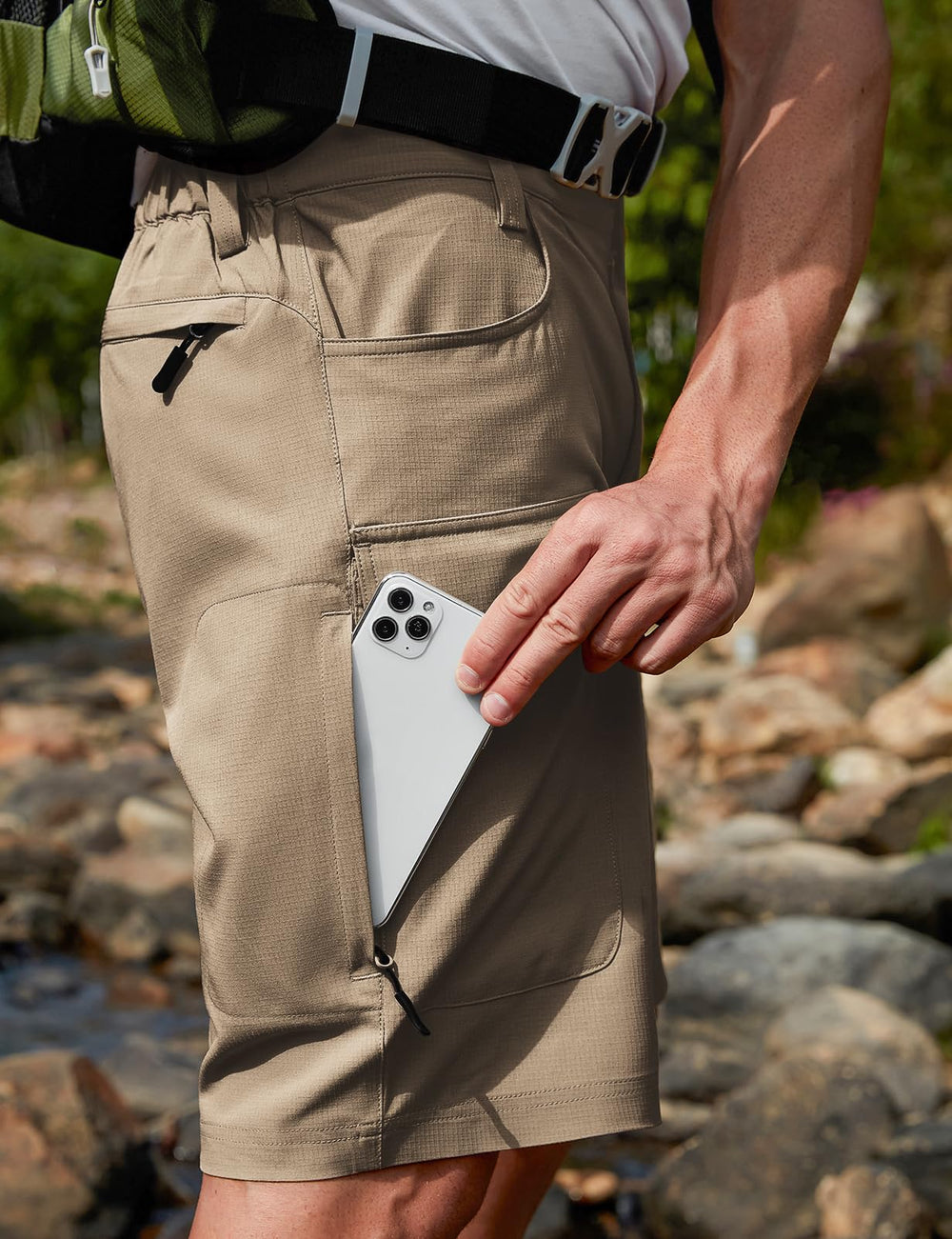 Moosehill mens cargo shorts back pocket view shows secure storage for essentials