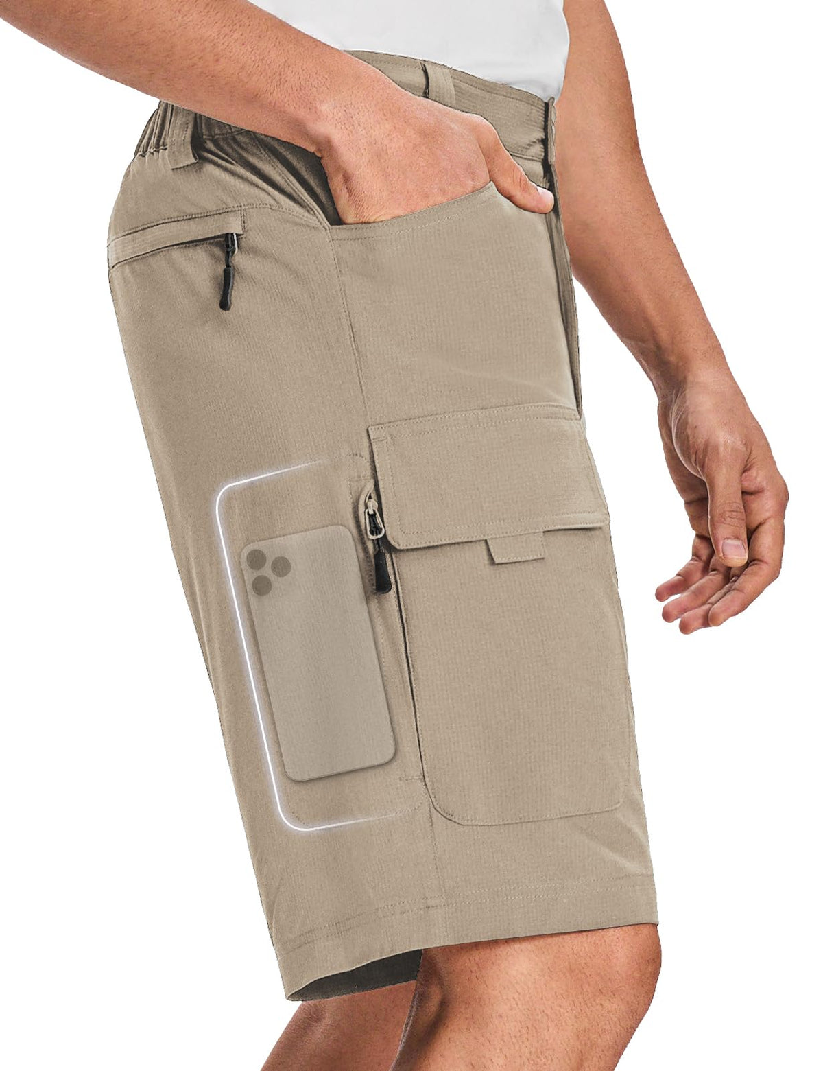 Moosehill men's cargo shorts camel, front view highlighting six-pocket layout for versatile outdoor use.