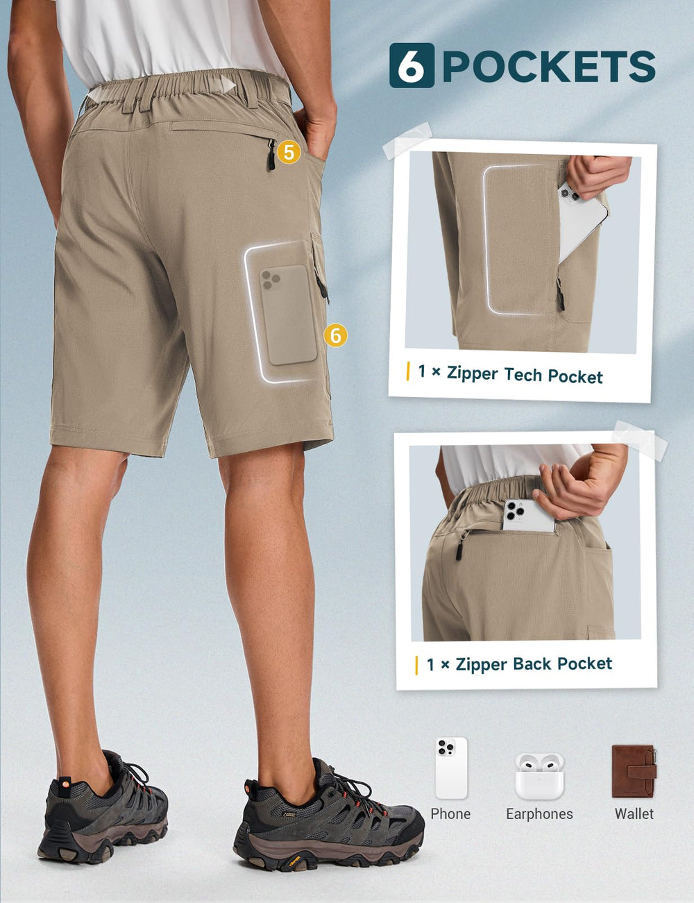 Moosehill camel cargo shorts ready for hiking, fishing, and golf.