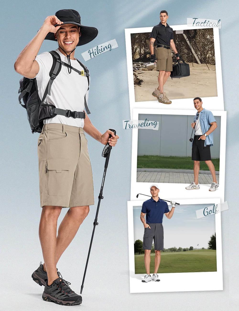 Moosehill cargo shorts camel water-resistant material suitable for light rain.