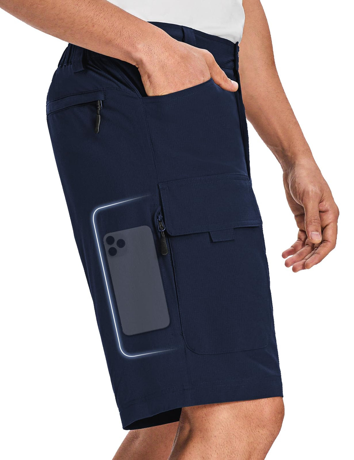 Moosehill mens cargo shorts navy front view showing six pockets for organized gear.