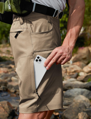 Moosehill men's cargo shorts six-pocket layout keeps essentials secure during adventures.