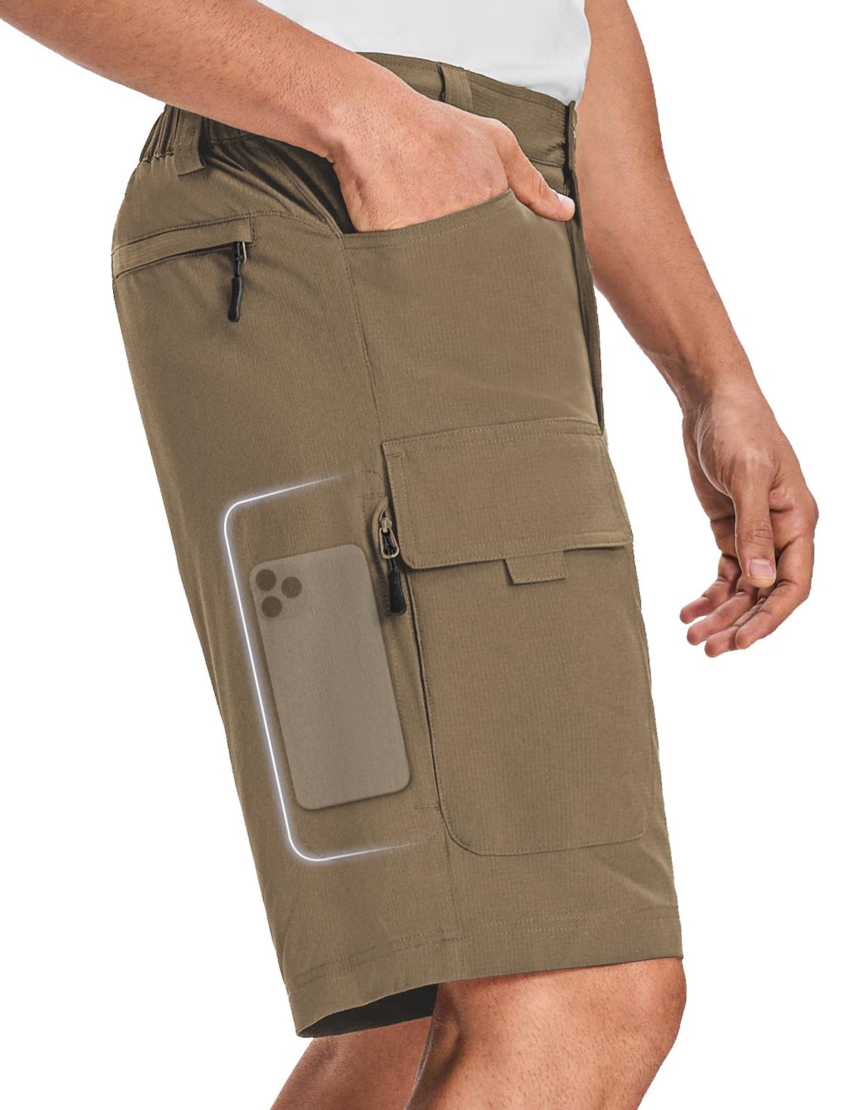 Moosehill men's cargo shorts water-resistant fabric closeup for durable outdoor wear