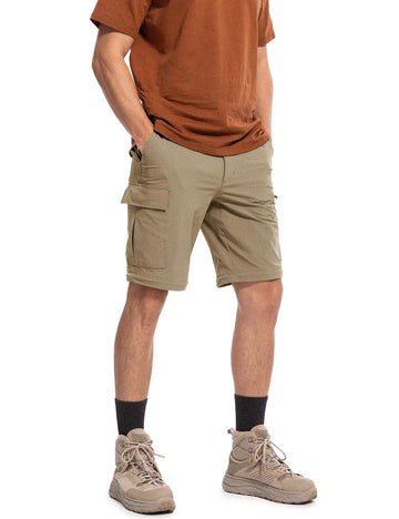 Moosehill men's hiking pants convertible-zipper view demonstrates quick pants-to-shorts transition.