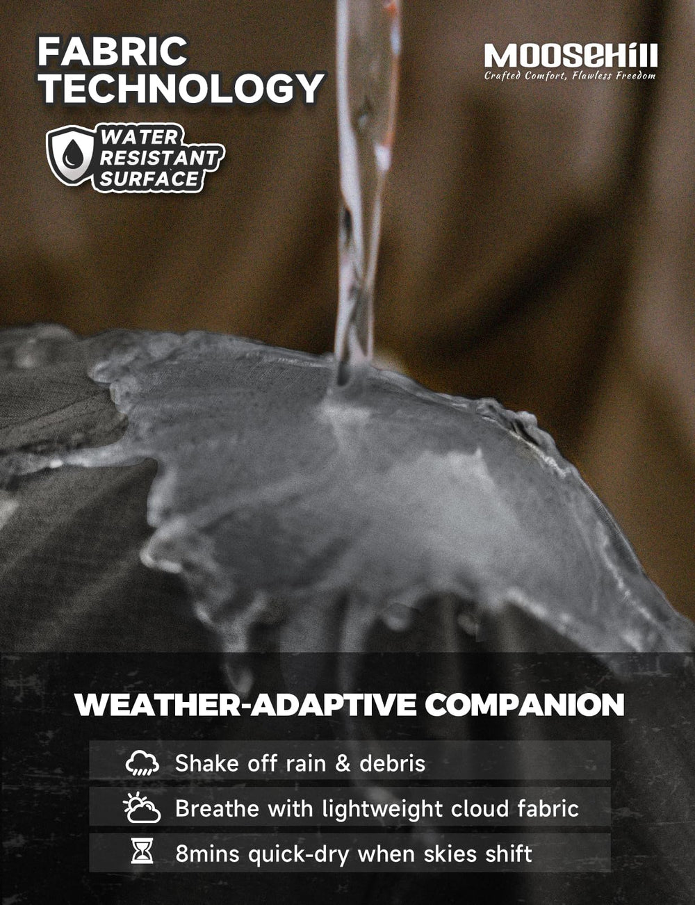 Moosehill pants DWR coating sheds light rain for versatile outdoors.