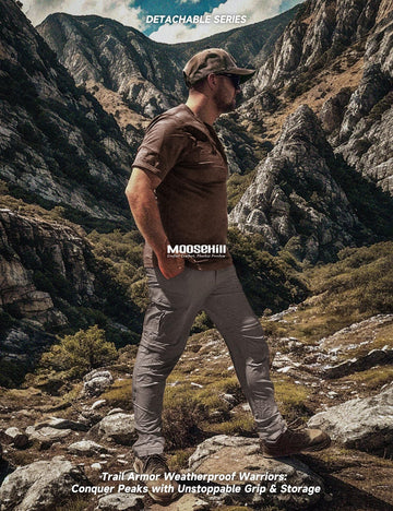 Moosehill men's hiking pants sand conversion-in-action view captures quick pants-to-shorts conversion.