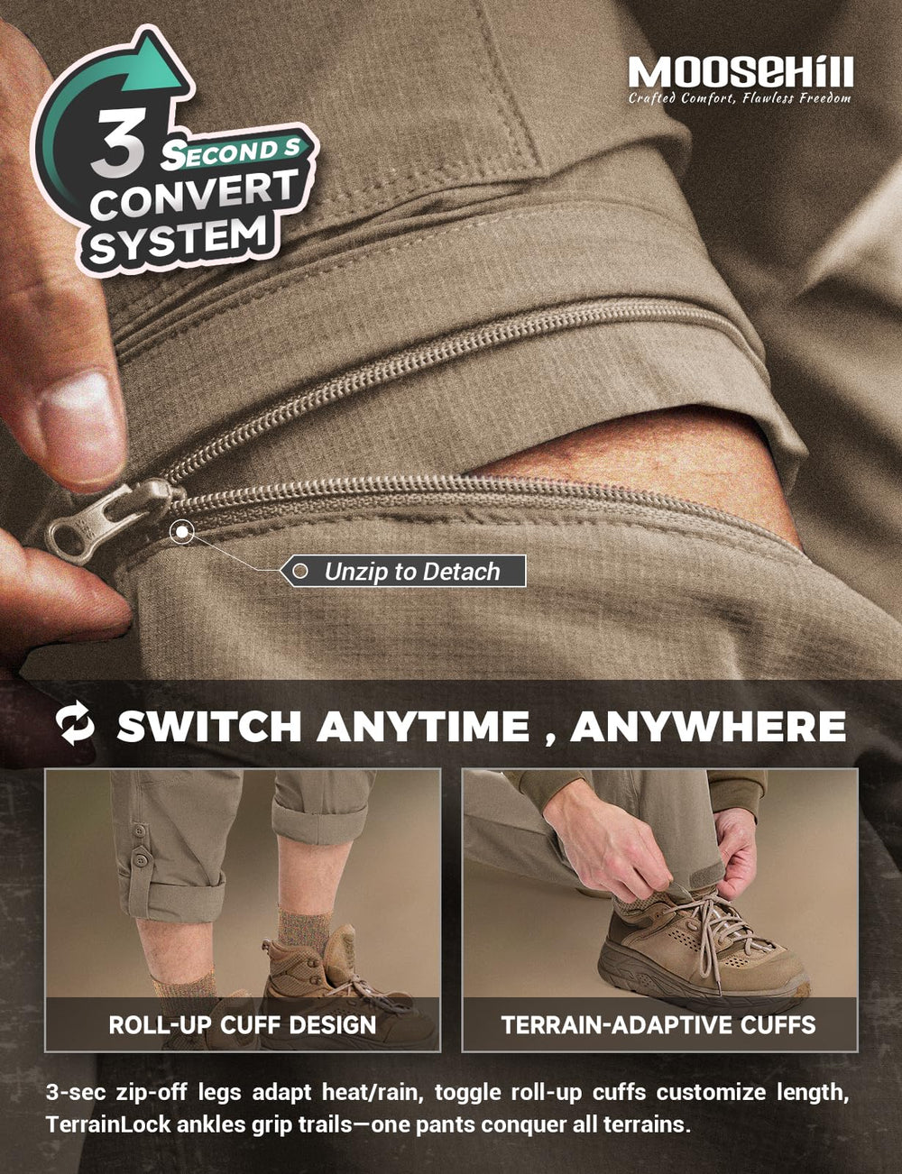 Moosehill men's hiking pants sand stretch-fabric view highlights 4-way stretch for movement.