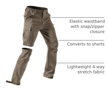 Moosehill men's hiking pants sand zip-off view demonstrates quick transition from pants to shorts.
