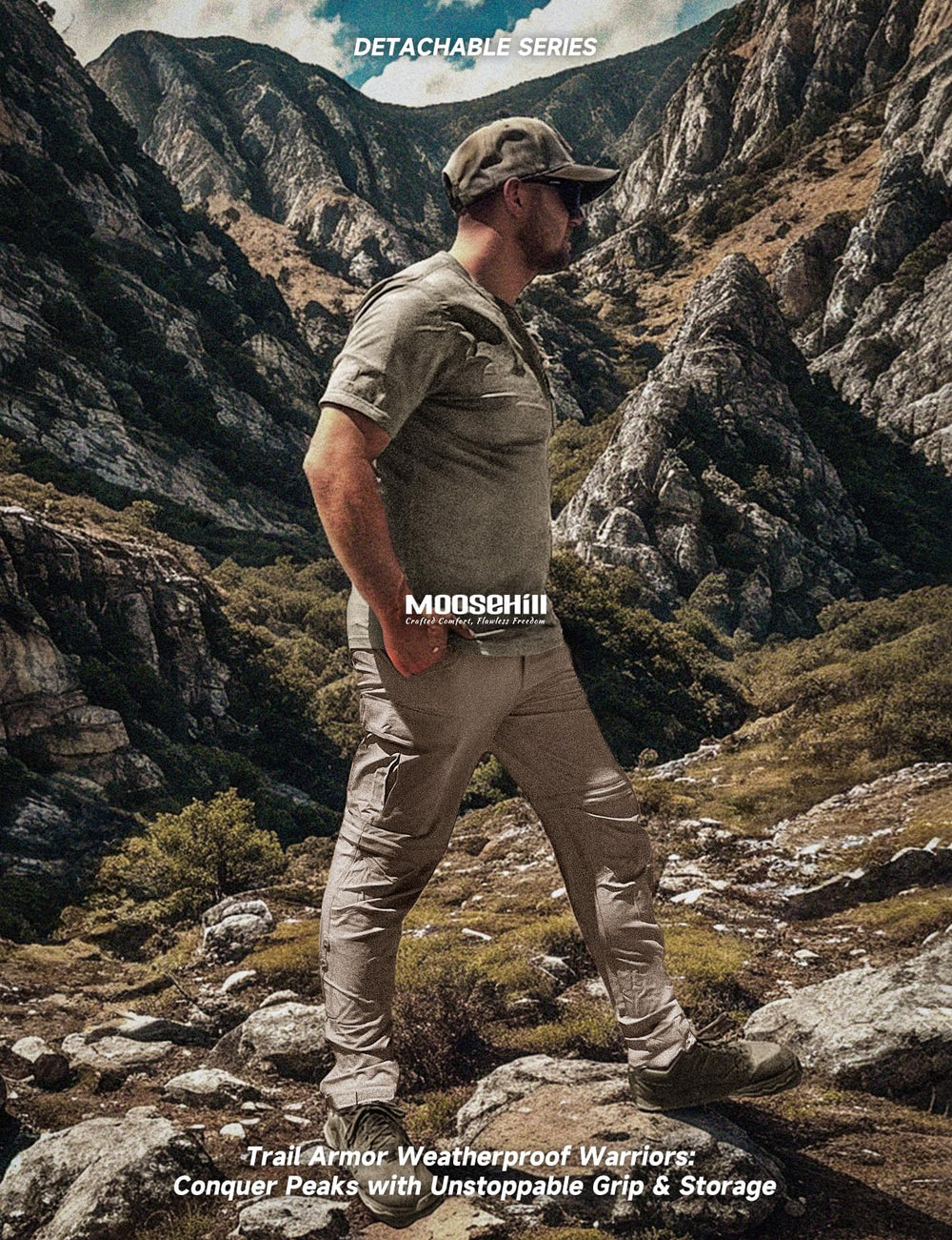 Moosehill mens hiking pants Timber Oat color blending with nature and urban settings