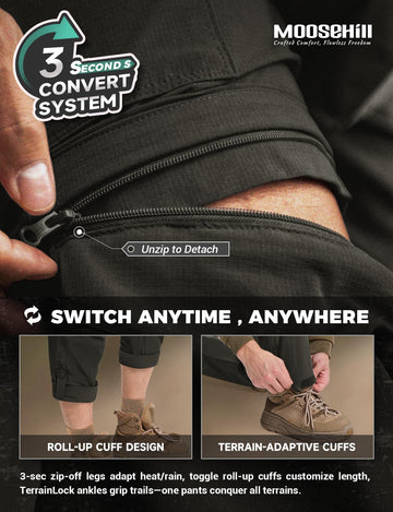 Moosehill mens hiking pants with zip-off conversion for weather changes