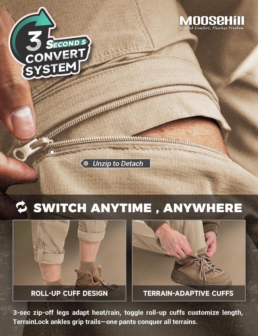 Moosehill mens hiking pants secure rear pocket for valuables on adventures