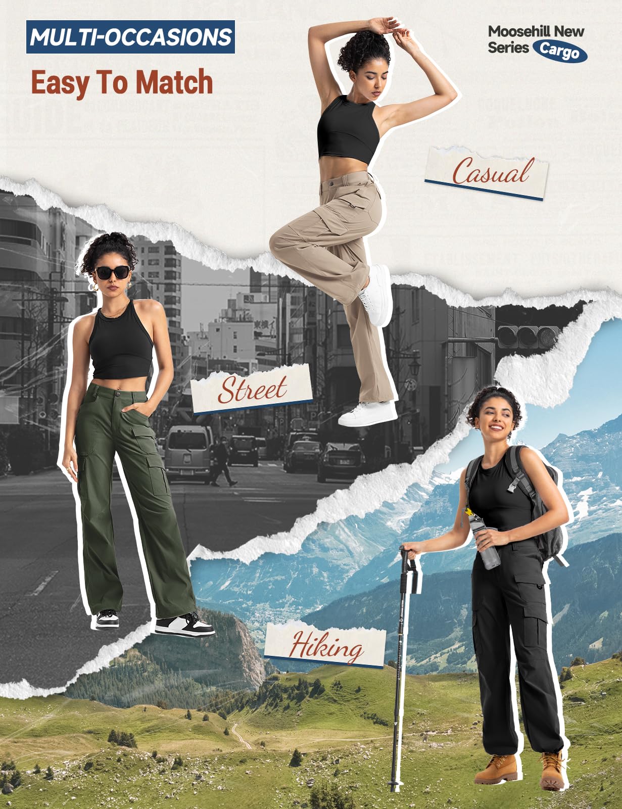 Moosehill cargo pants pair with tees or hoodies for versatile casual looks.