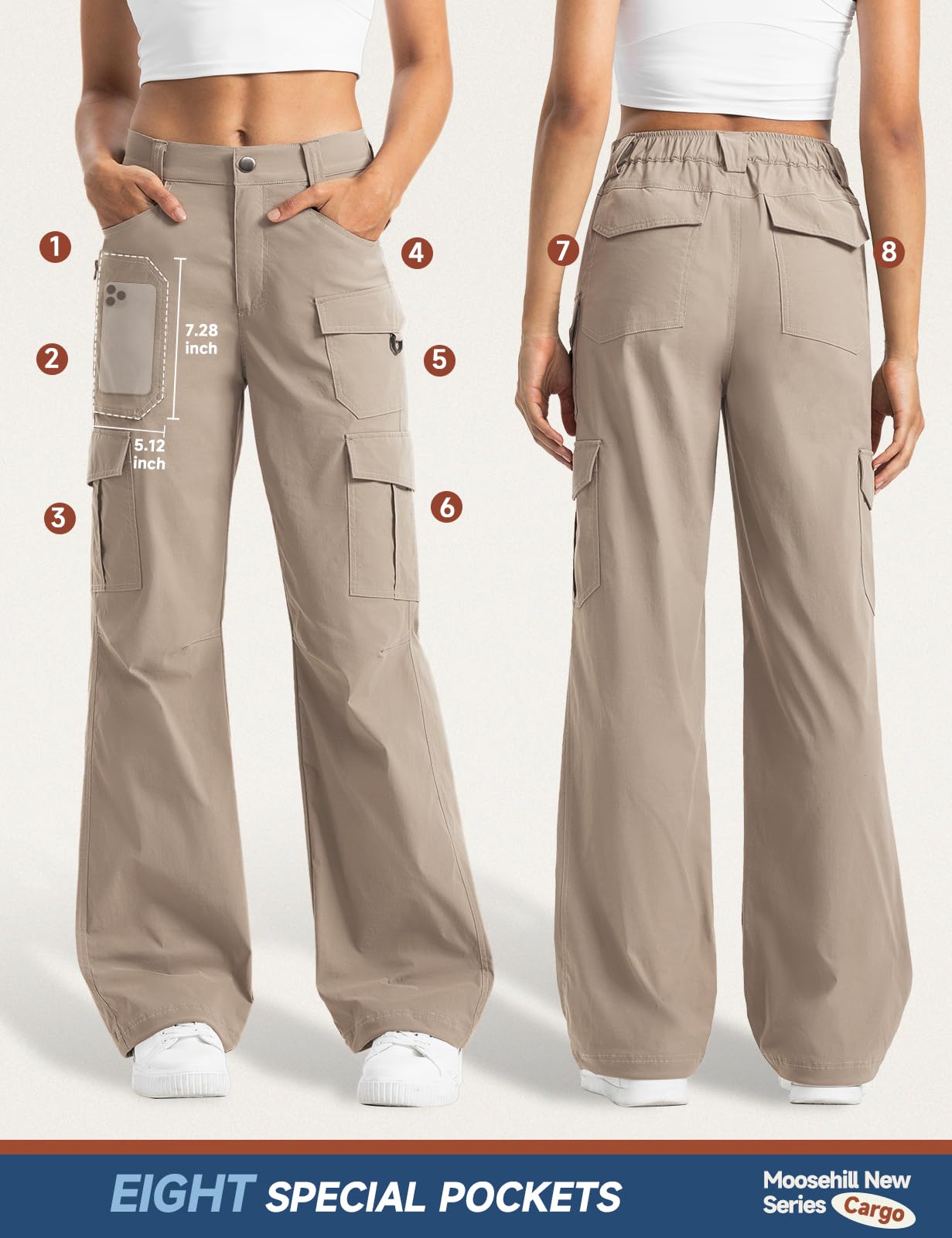 Moosehill women's cargo hiking pants D ring buckle demonstrates gear hanging option