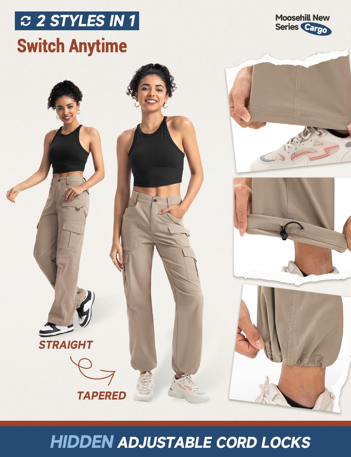 Moosehill women's cargo hiking pants elastic waistband and belt loops for flexible fit