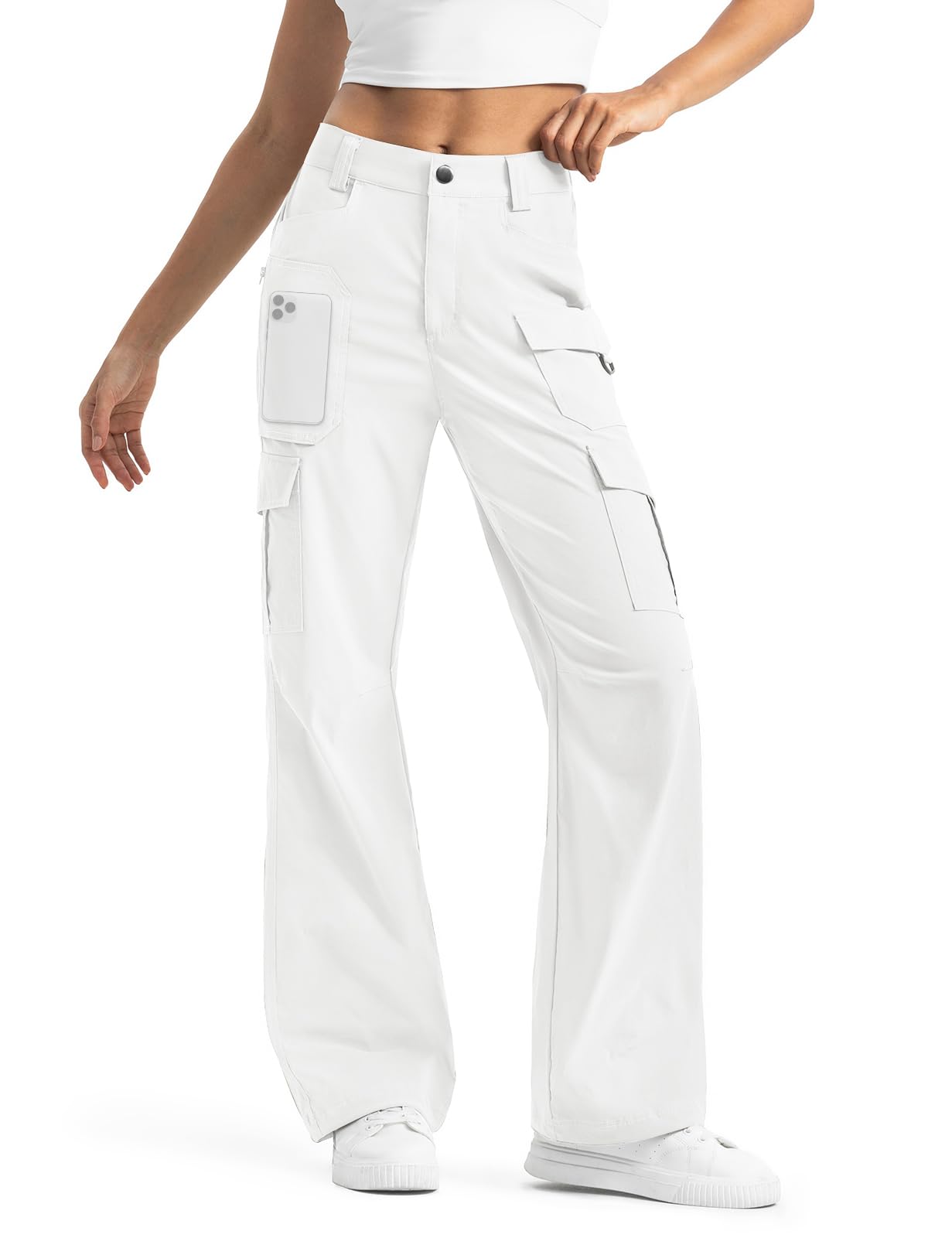 Moosehill women's cargo hiking pants in white with high-waist wide-leg view for all-day comfort