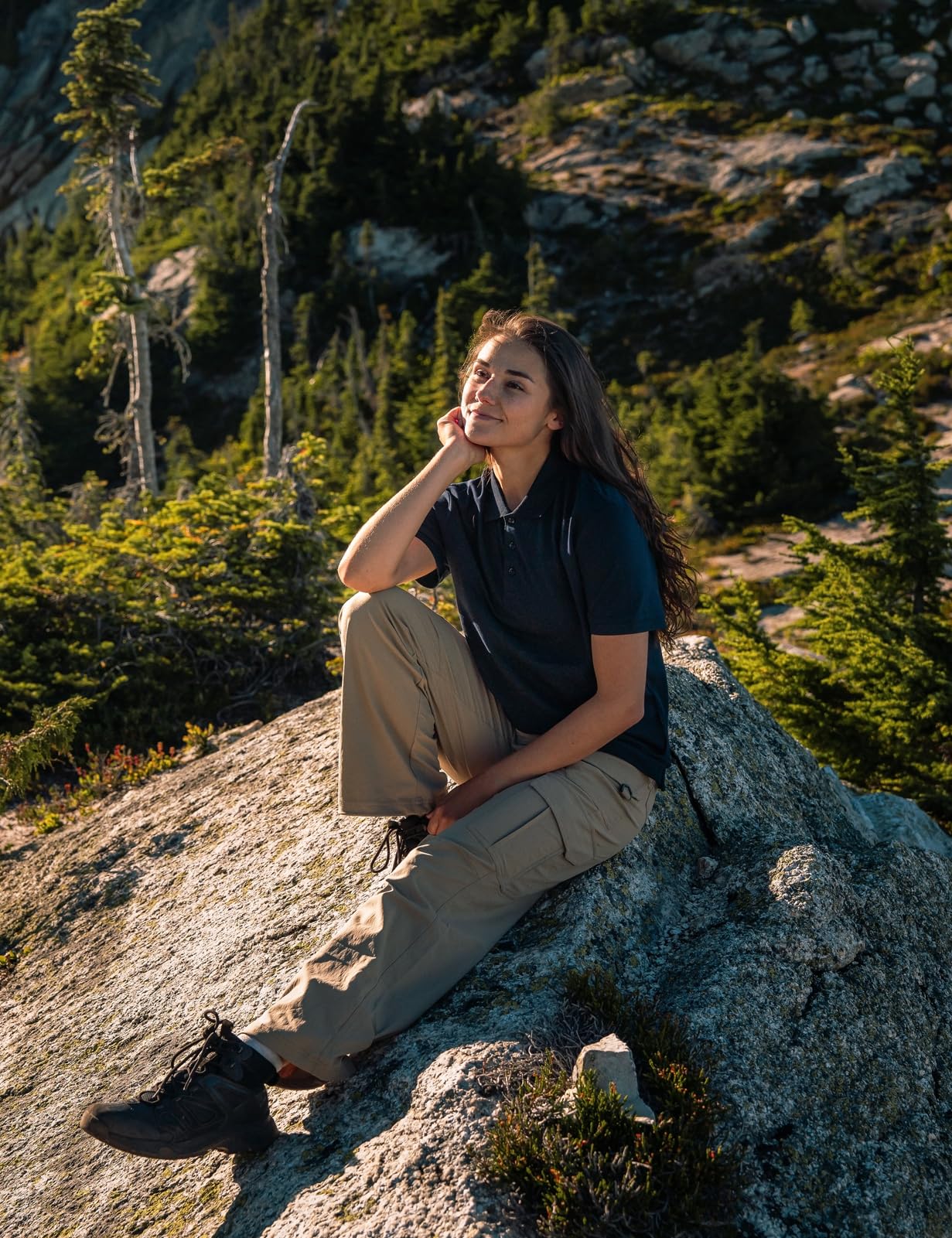 Moosehill women's cargo hiking pants pocket layout highlights secure storage for essentials during hikes