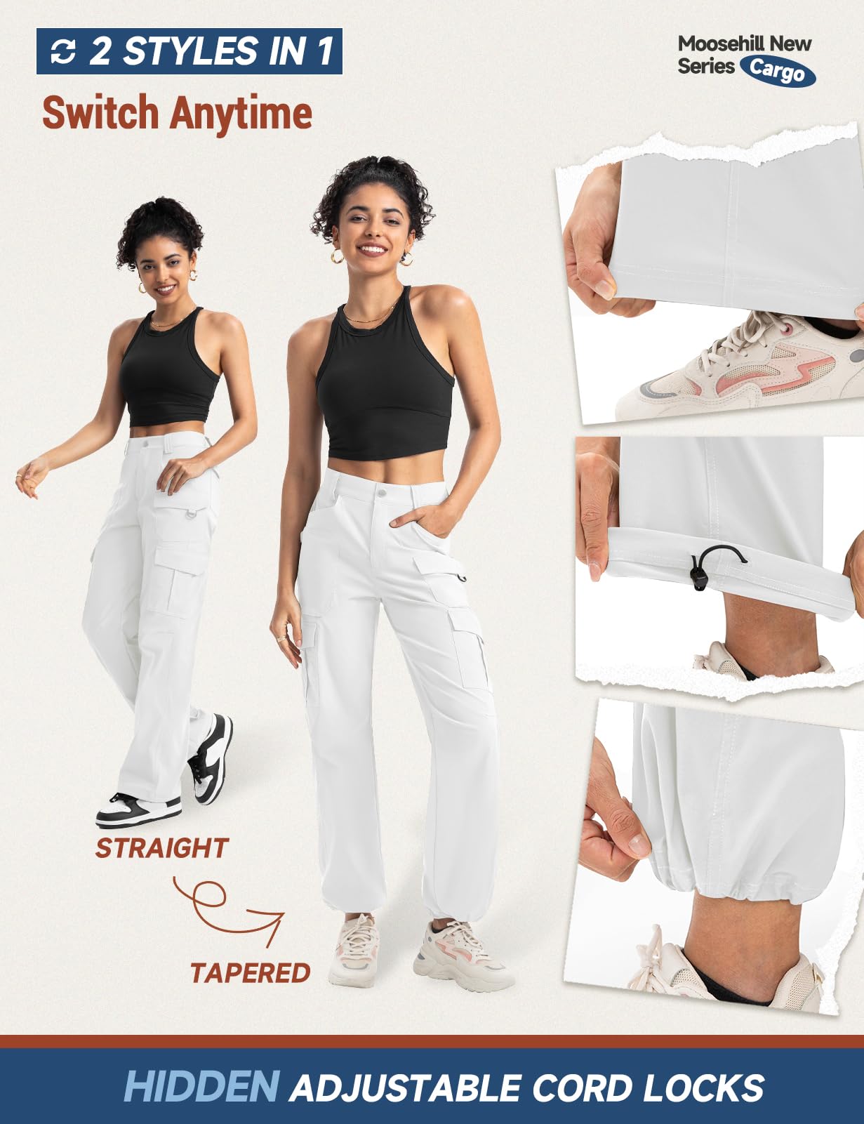 Moosehill women's cargo hiking pants wide-leg fit for comfortable movement on trails.