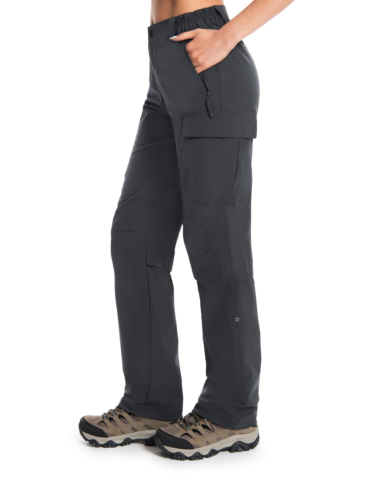 Moosehill women's hiking pants in dark grey, front view highlighting straight fit and all-day comfort.
