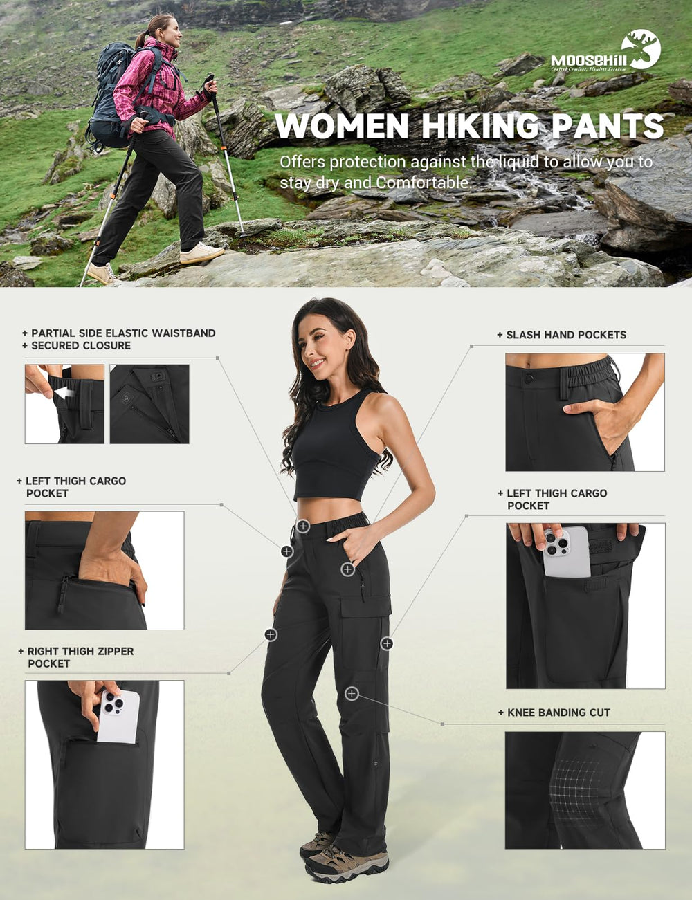 Moosehill Women's Hiking Pants quick-dry fabric wicks moisture to stay cool mile after mile