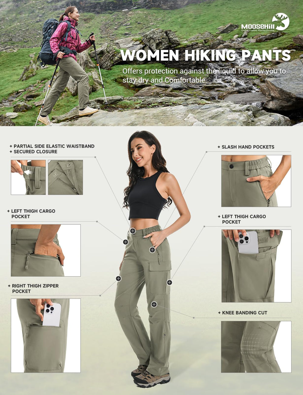Moosehill Women's Hiking Pants straight-fit-elastic-waist supports all-day comfort