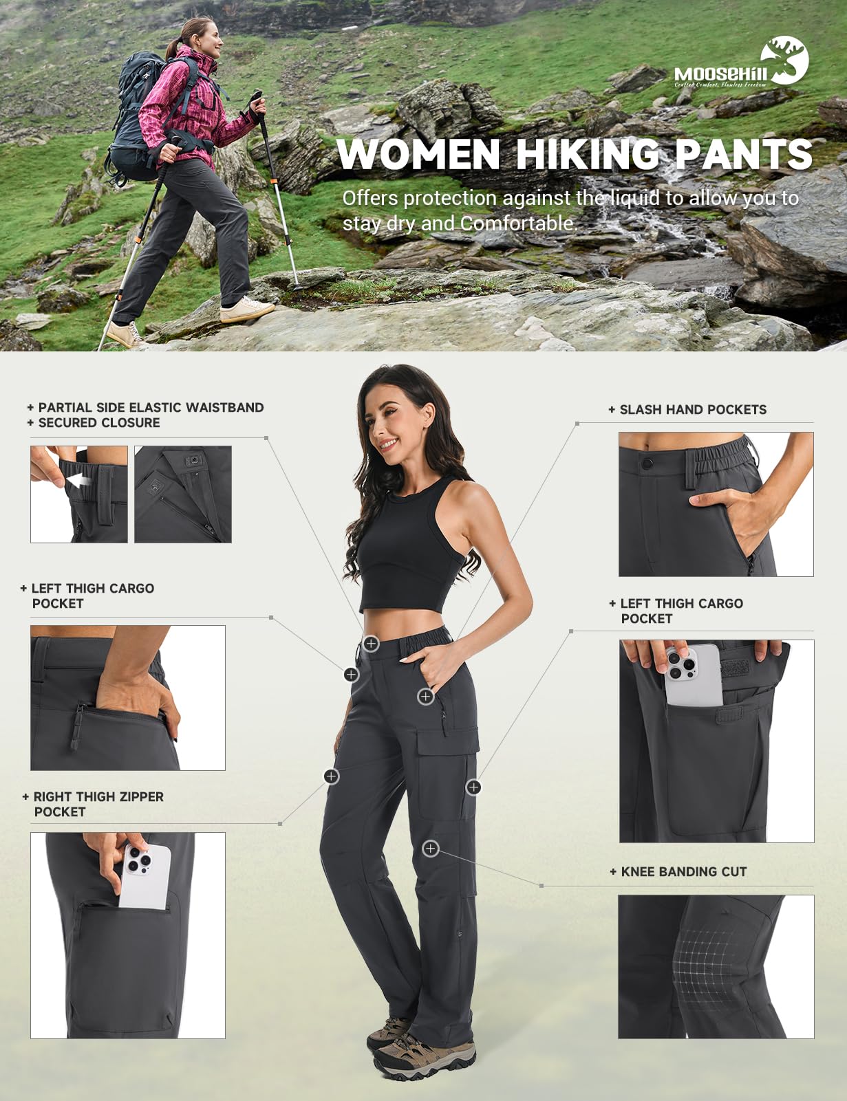 Moosehill hiking pants with ventilated knee panels for enhanced airflow.