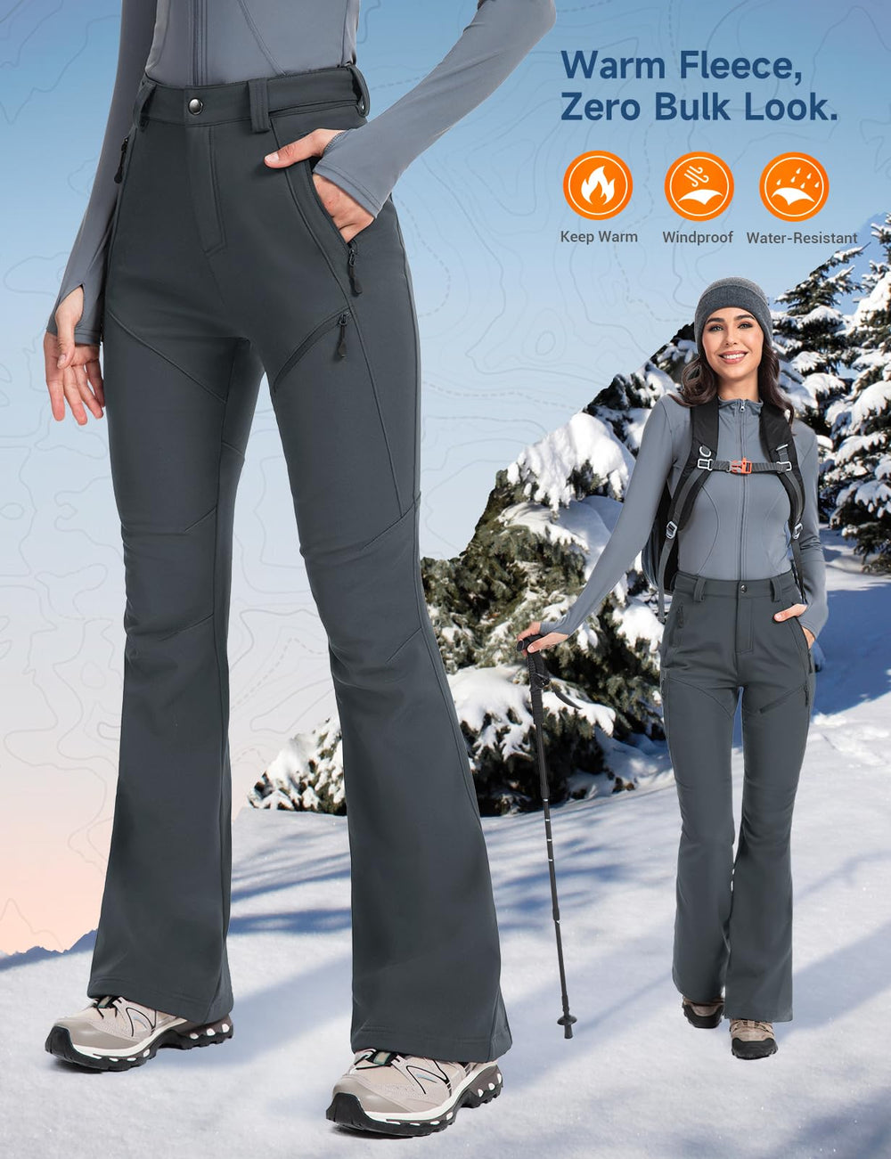 Moosehill 3D-cut articulated knees enhance movement on trails and slopes.
