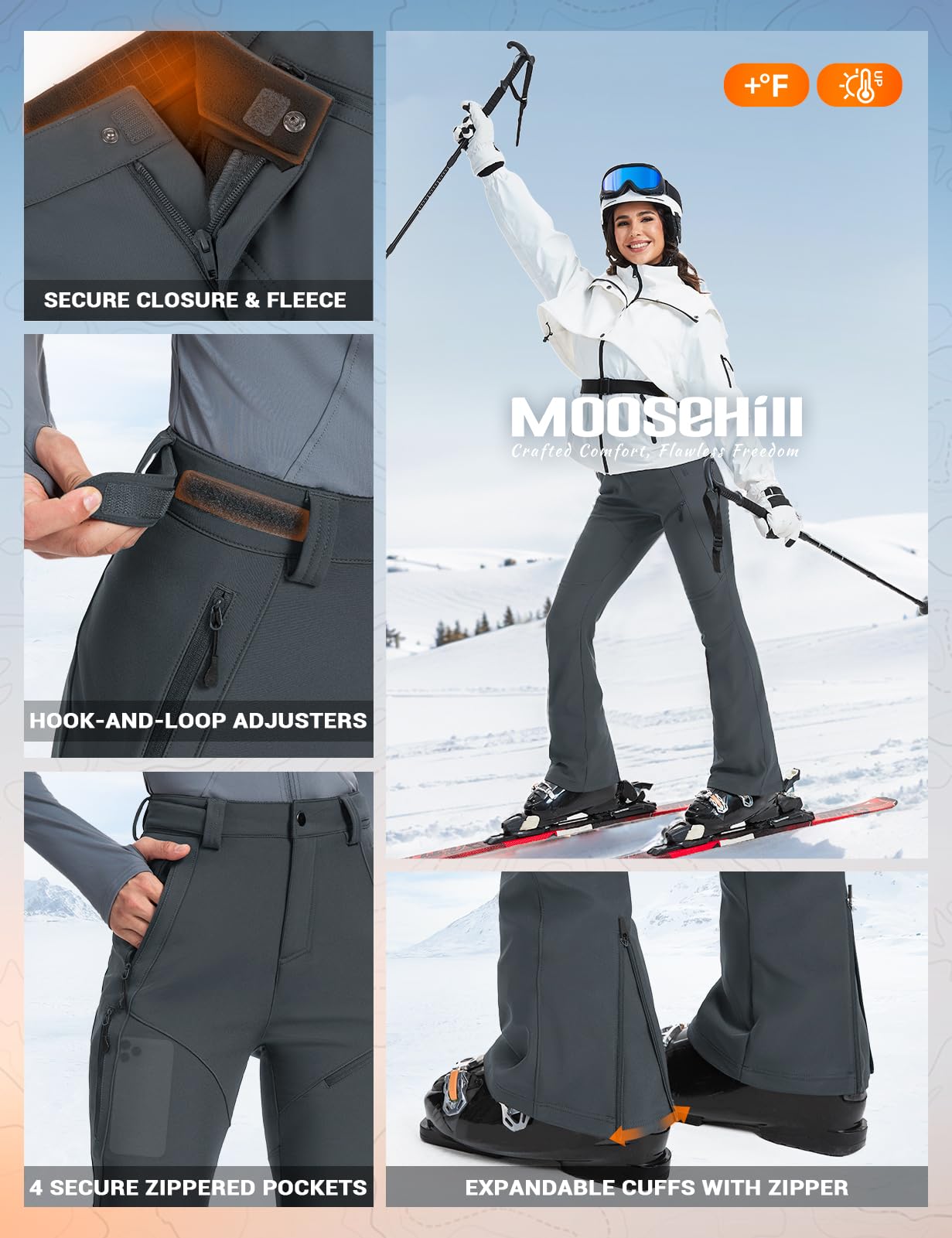 Moosehill expandable ankle cuffs accommodate boots for a secure, flexible fit.