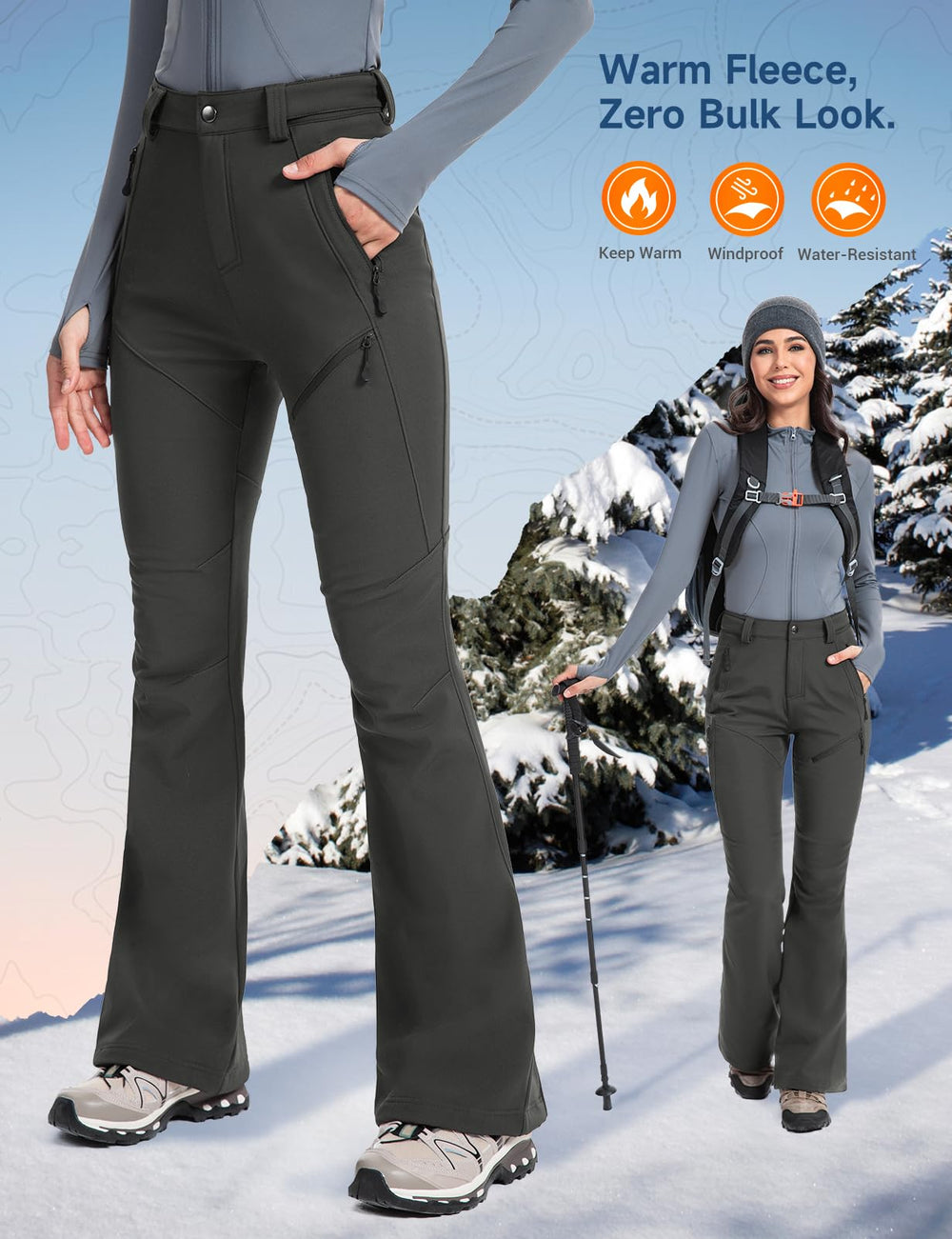 Moosehill womens snow pants ankle-zip closeup showing expandable cuffs over boots.