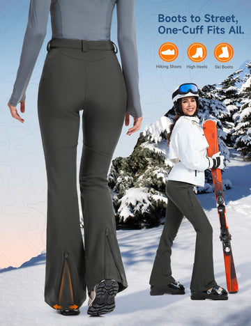 Moosehill womens snow pants side profile highlighting flexible fit for mountain trails.