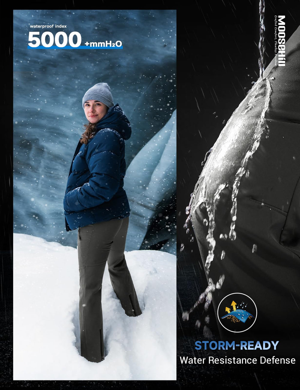 Moosehill womens snow pants reinforced stitching and durable construction for winter adventures.