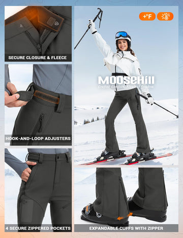 Moosehill womens snow pants waist-adjustment feature for comfortable all-day layering.